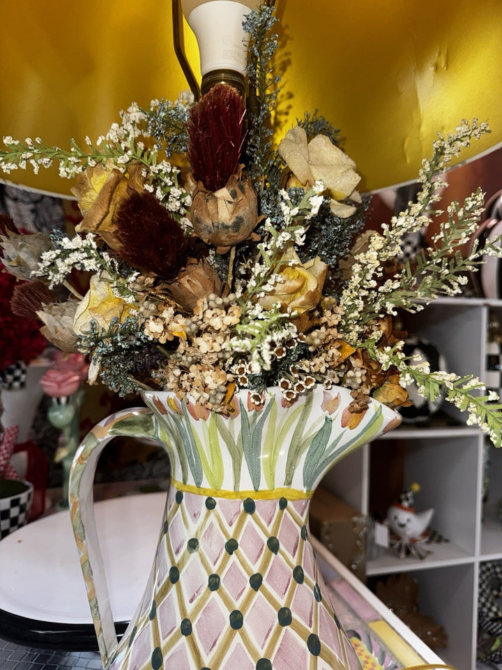 Mackenzie Childs  Sherwood Garden Pitcher Lamp With Dried Flowers 31” Tall