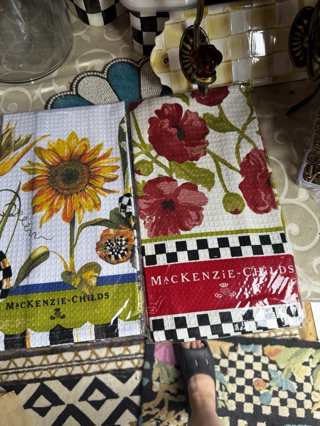 RETIRED MacKenzie Childs SET of 3 POPPY,  Daisy And Sunflower DISH TOWELs