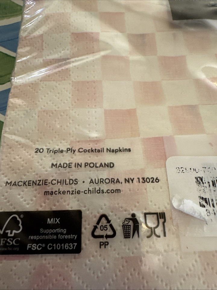 Mackenzie Childs Rosy Check Paper Cocktail Napkins 20 pack, NEW