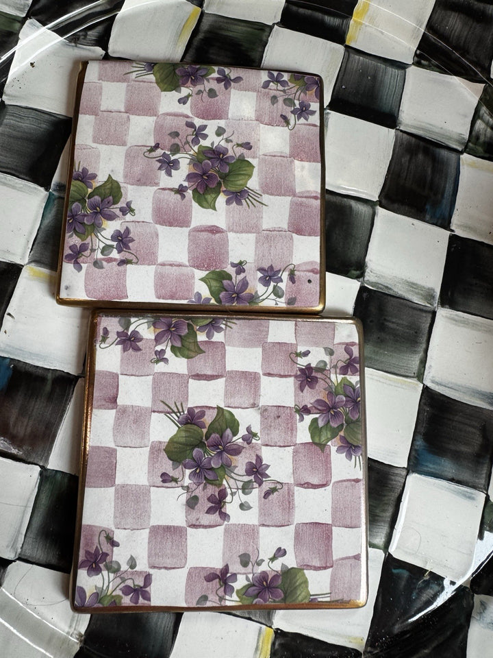 Mackenzie Childs 4” Pink Rose Set Of 2 Honeymoon -Tiles