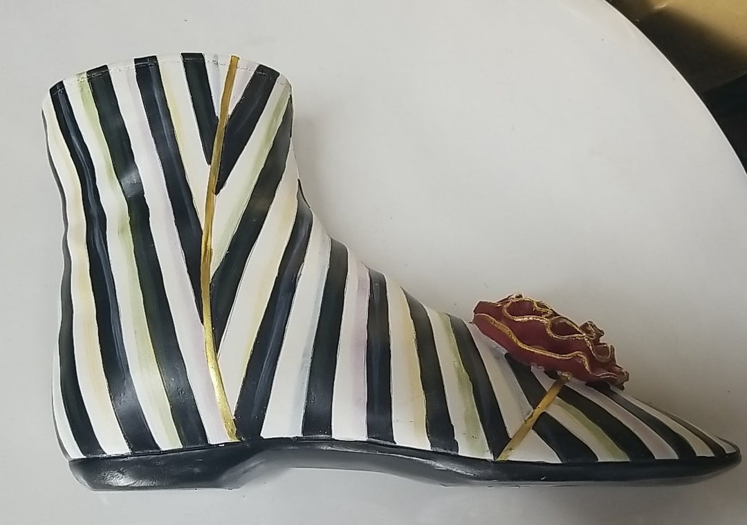 Mackenzie Childs Courtly Stripe Shoe Vase - With Red Flower - Retired