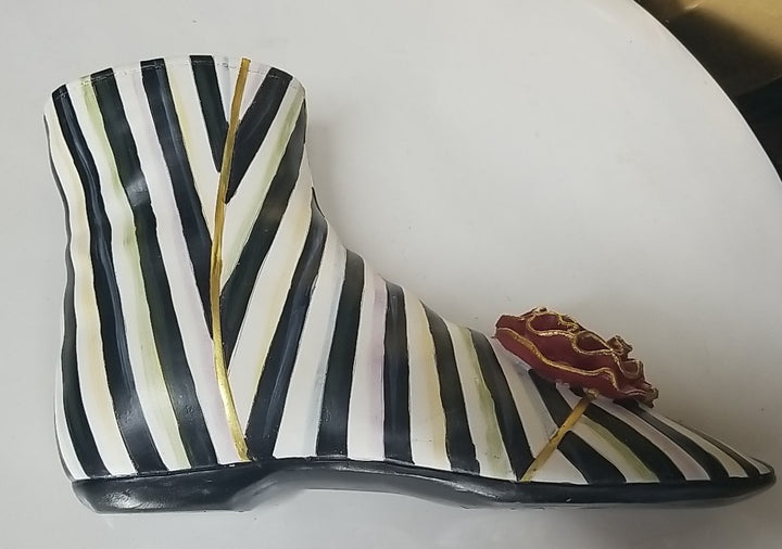 Mackenzie Childs Courtly Stripe Shoe Vase - With Red Flower - Retired