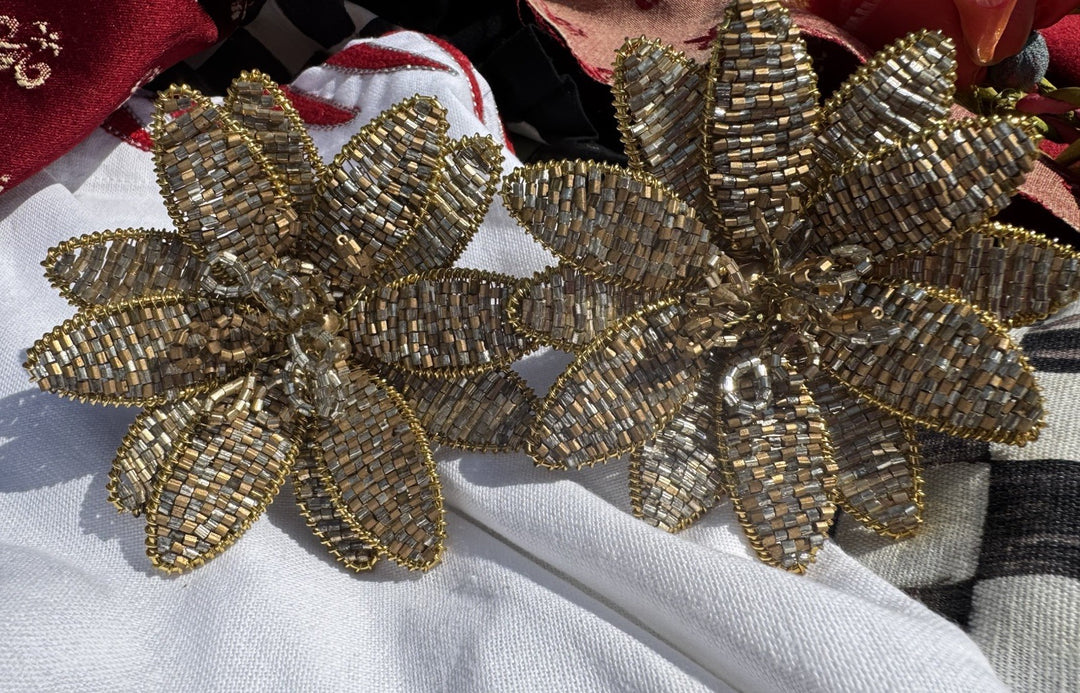 Mackenzie Childs Golden Flower Napkin Ring Set Of 2- Beaded - Retired
