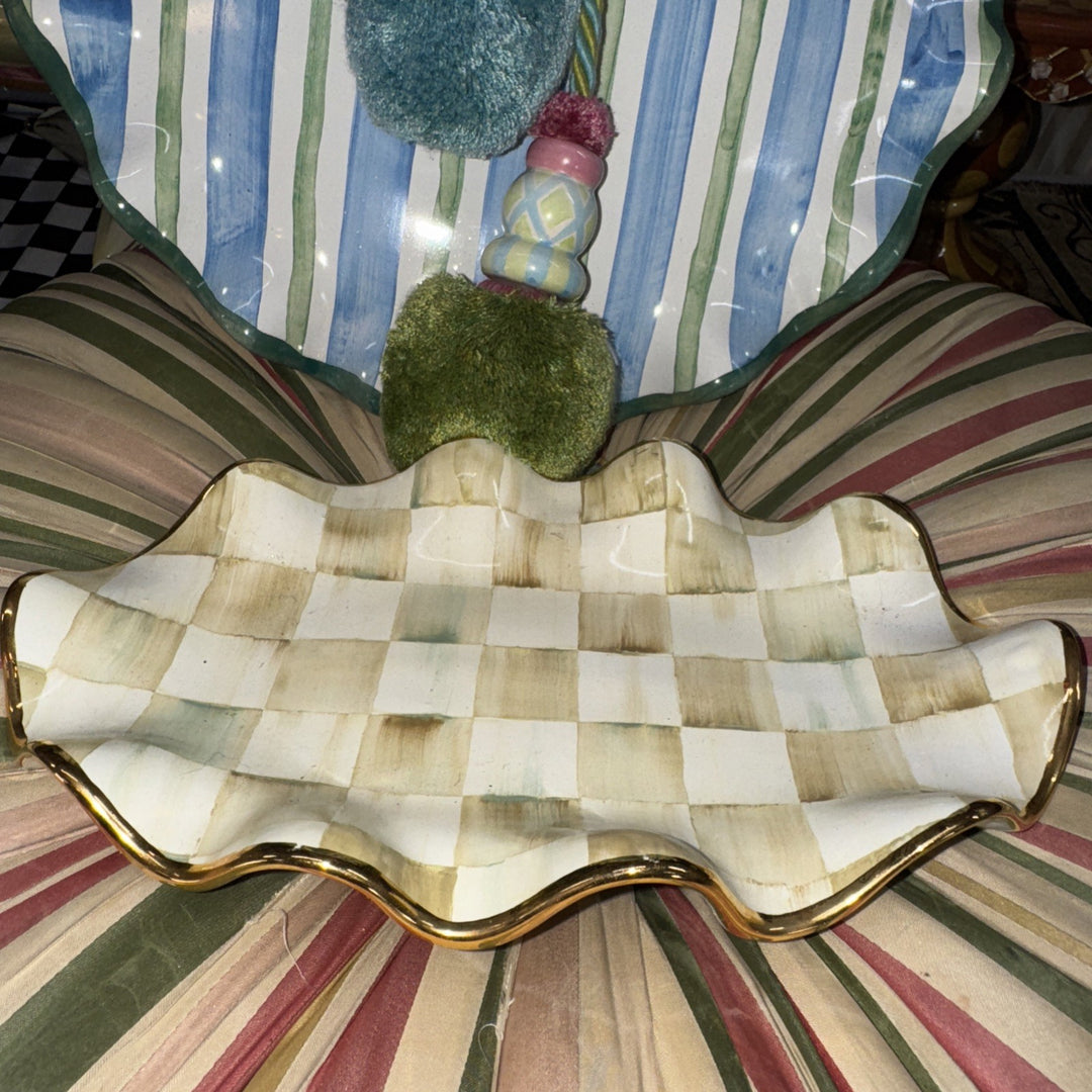 Mackenzie Childs Ceramic Parchment Check Fluted Oval Platter 6” X 9”