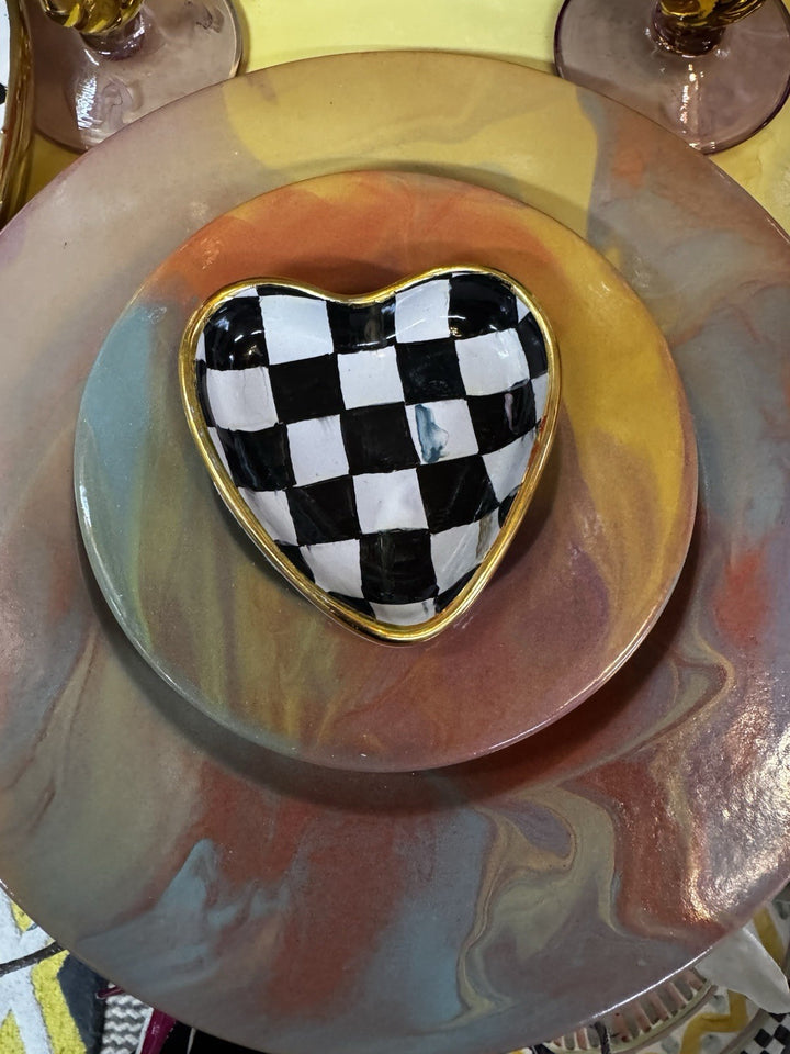 MacKenzie Childs Courtly Check 3.5” Heart  Small Trinket Bowl -made In Aurora
