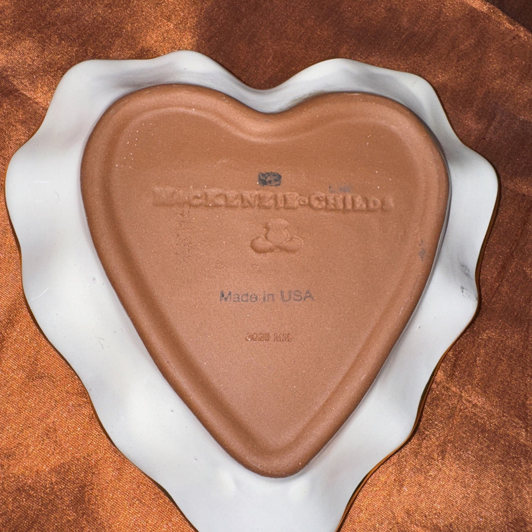 New Mackenzie Childs Courtly Check Fluted Ceramic Heart Plate- Gold Trim