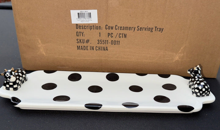 Mackenzie Childs courtly check COW CREAMERY ceramic tray 14.5"L 5.25"W NEW N BOX