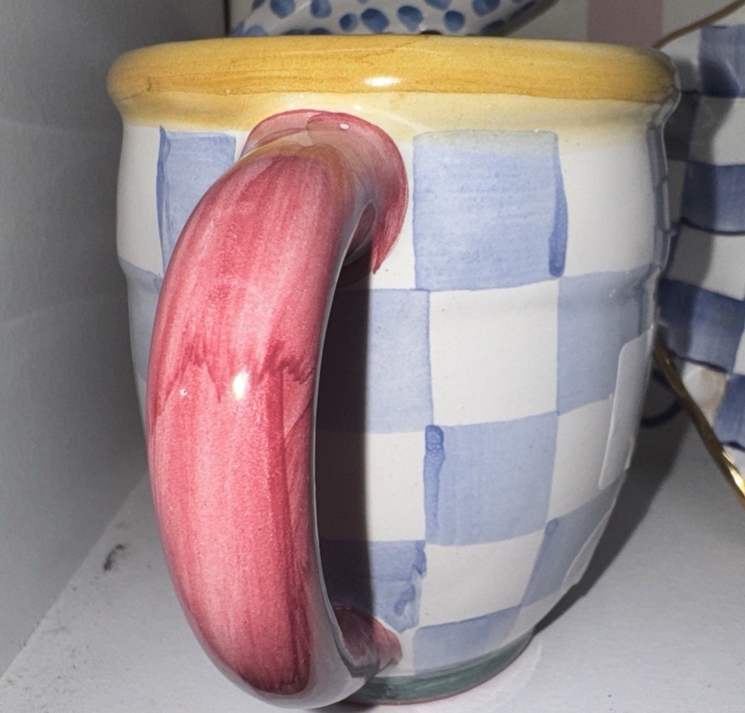 Mackenzie Childs Check Mate  Mug Blue Sky Check Hand Painted Majolica NWT