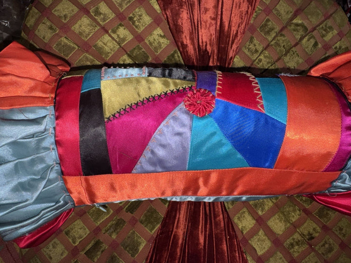 Mackenzie Childs Crazy Quilt Bolster Pillow Ruffles & Ribbons - Excellent