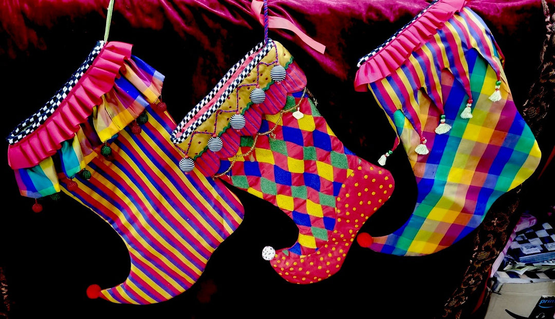 MacKenzie Childs Jester Christmas Stocking SILK GREEN TASSELS RED YELLOW GREEN