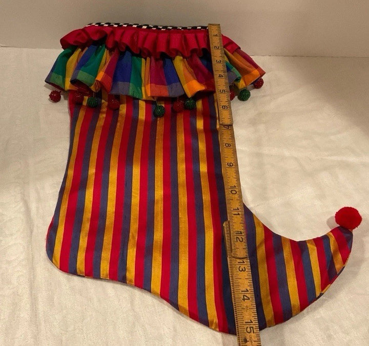 MacKenzie Childs Jester Christmas Stocking Balls Striped 15” Long- Retired Silk