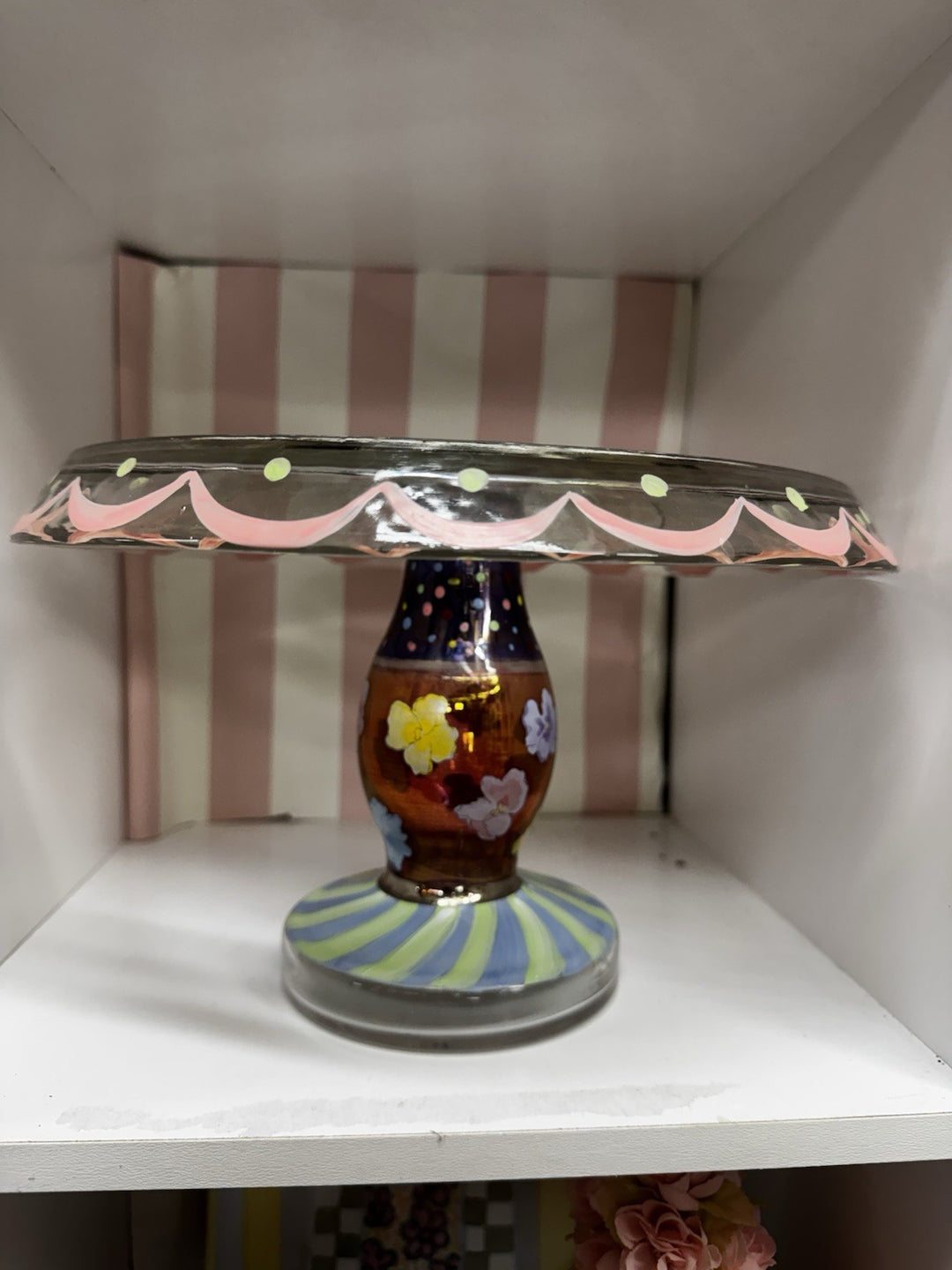 Mackenzie childs  Pansy Glass Pedestal  9" Tall - rare- Retired