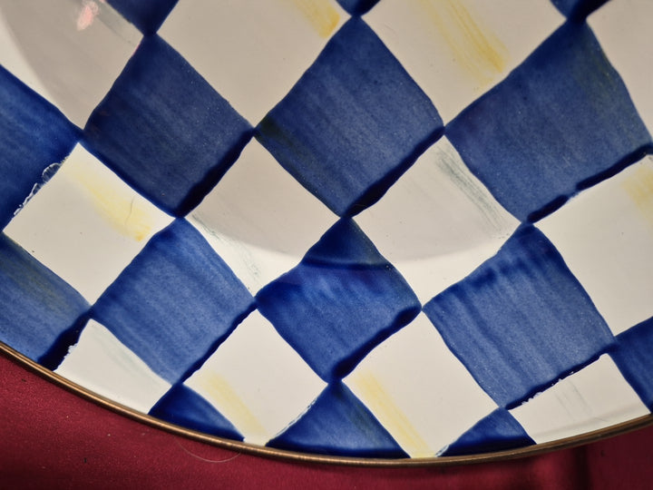 Mackenzie Childs Set Of 2 -10" Royal  Check Blue Enamel Dinner Plate-new