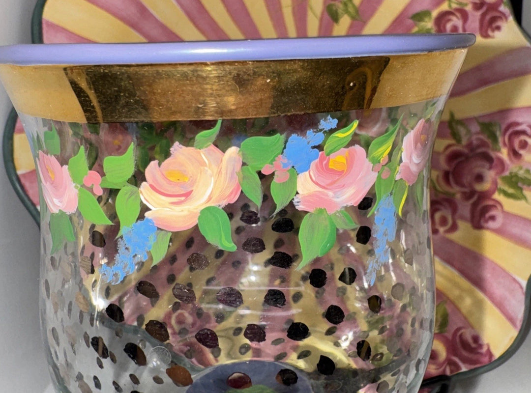MacKenzie Childs Vintage  Circus Rose Dots Water Goblet Glass  Cheltenham Stem