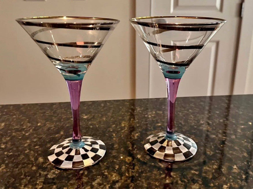 Mackenzie Childs -one  Martini Glass Whirligig-  Hand Blown Glass 7.25” Tall