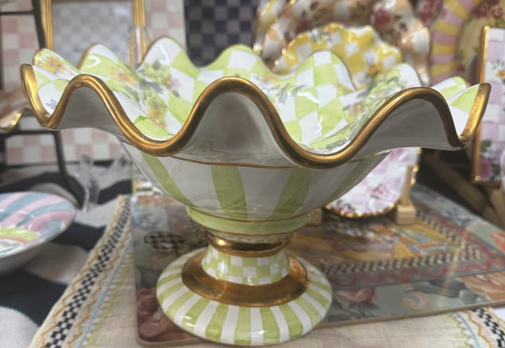 Mackenzie Childs Green Sweet Pea Honeymoon Ceramic Compote Retired 2003