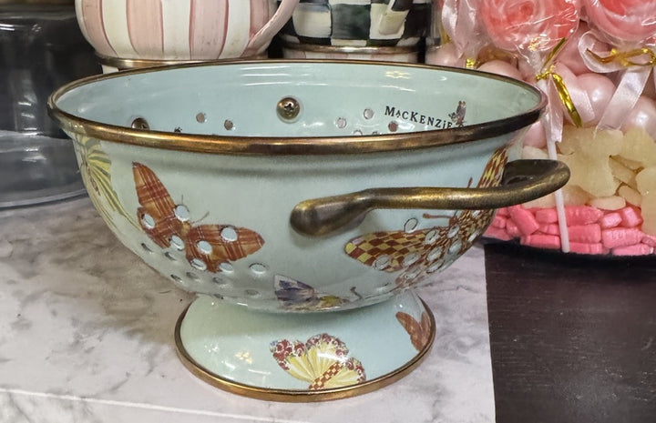 MACKENZIE Childs Blue BUTTERFLY GARDEN SMALL ENAMEL COLANDER RETIRED