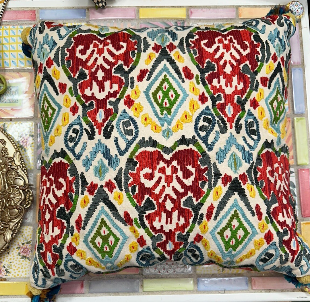 Mackenzie Childs Marrakesh Pillow Has 4 Pom Poms On Corners 18 x 18 X6