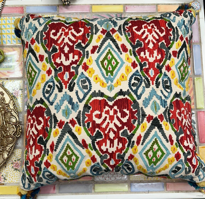 Mackenzie Childs Marrakesh Pillow Has 4 Pom Poms On Corners 18 x 18 X6