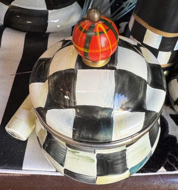 MacKenzie Childs Courtly Check Sugar Bowl with Lid Enamel Vintage