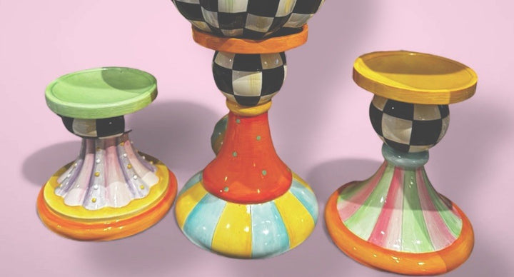 Mackenzie Childs Pillar  Candle Holders -set of 3- Nib