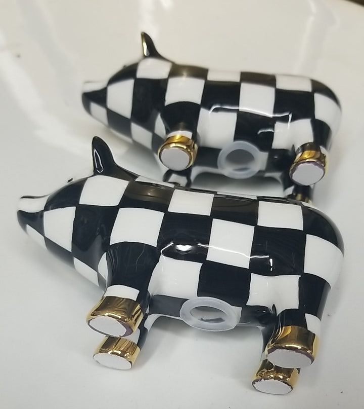 MACKENZIE-CHILDS Courtly Check PIG SALT AND PEPPER Shaker SET NEW in BOX