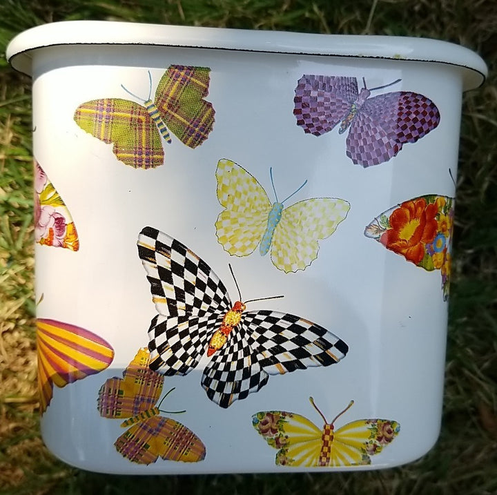 MacKenzie Childs Butterfly Garden Square Enamel Storage Container- New