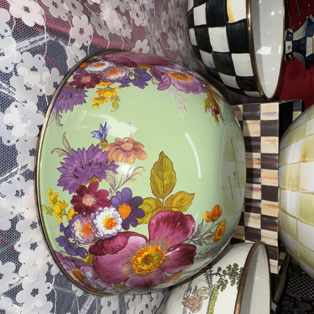 Mackenzie Childs Green Flower Market Enamel 7.5” X3.5” Everyday Sm  Bowl Retired