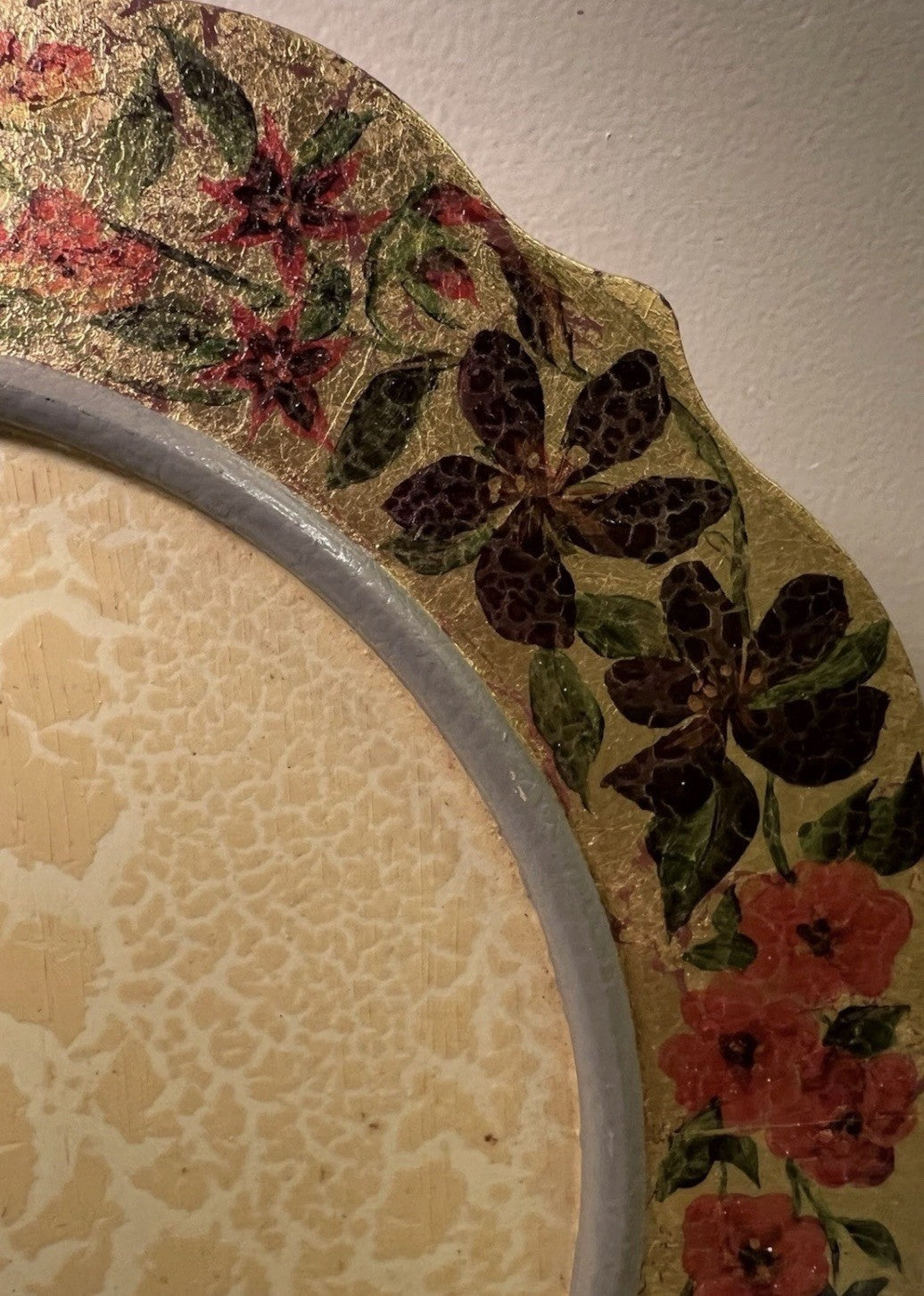 Mackenzie Childs Rare VTG  Wood Charger Floral & Gold Leaf 11” Signed