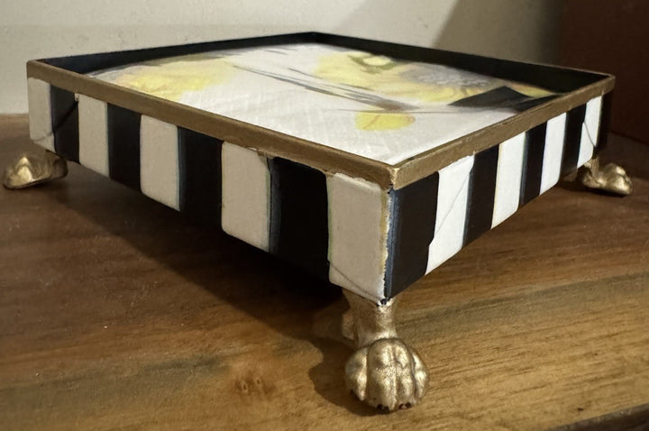 MacKenzie Childs Sun Flower  Cocktail Napkin Holder Gold Lion Claw Feet Tray