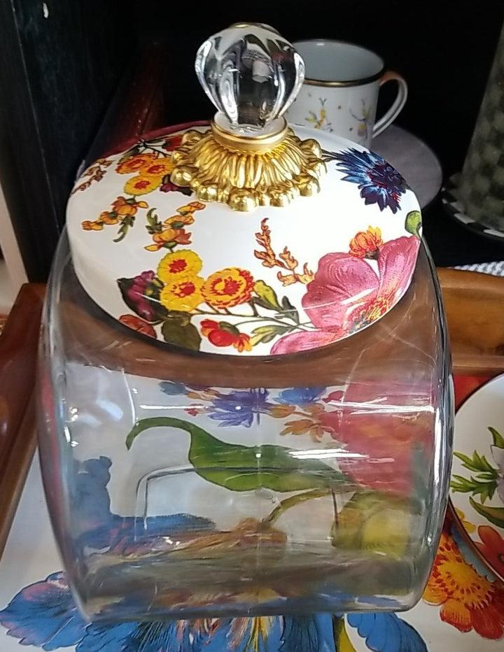 MacKenzie Childs  Cookie Jar with White Flower Market Enamel Lid - New