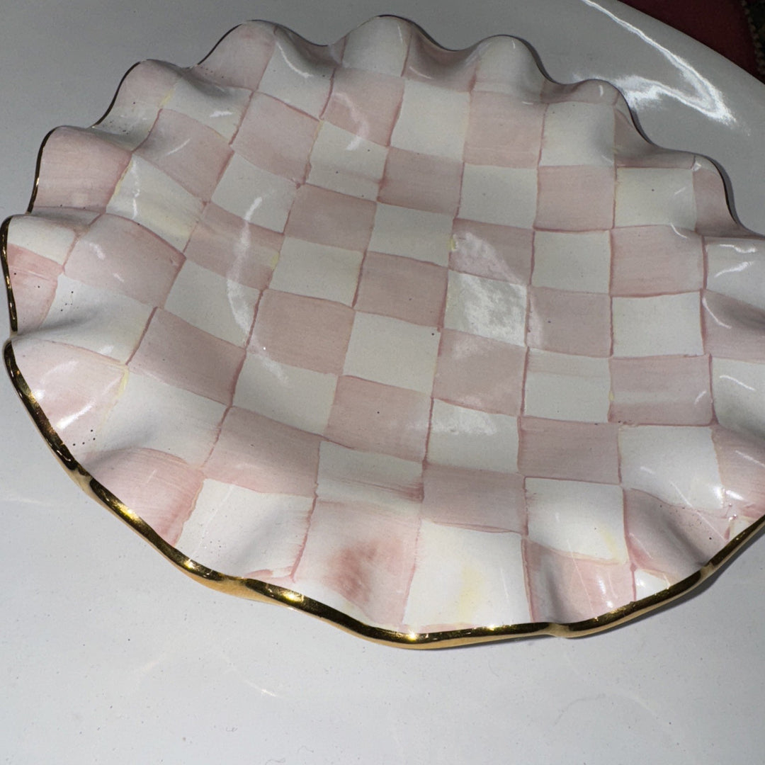 9” Mackenzie Childs Fluted Rosy CheckPink Salad Ceramic  With Gold