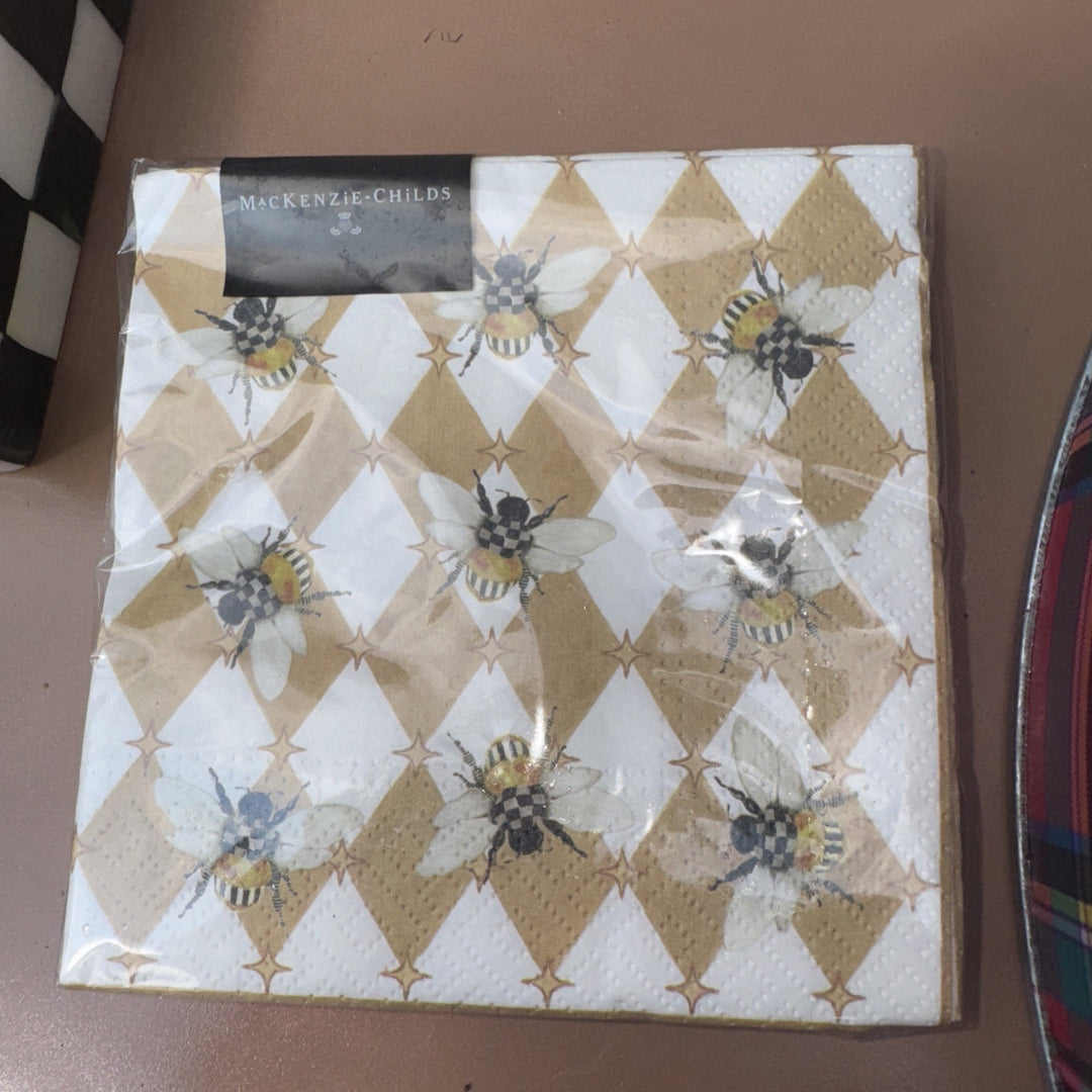 Mackenzie Childs Mocha Bee Harlequin Paper Cocktail Napkins 1 20 pack, NEW