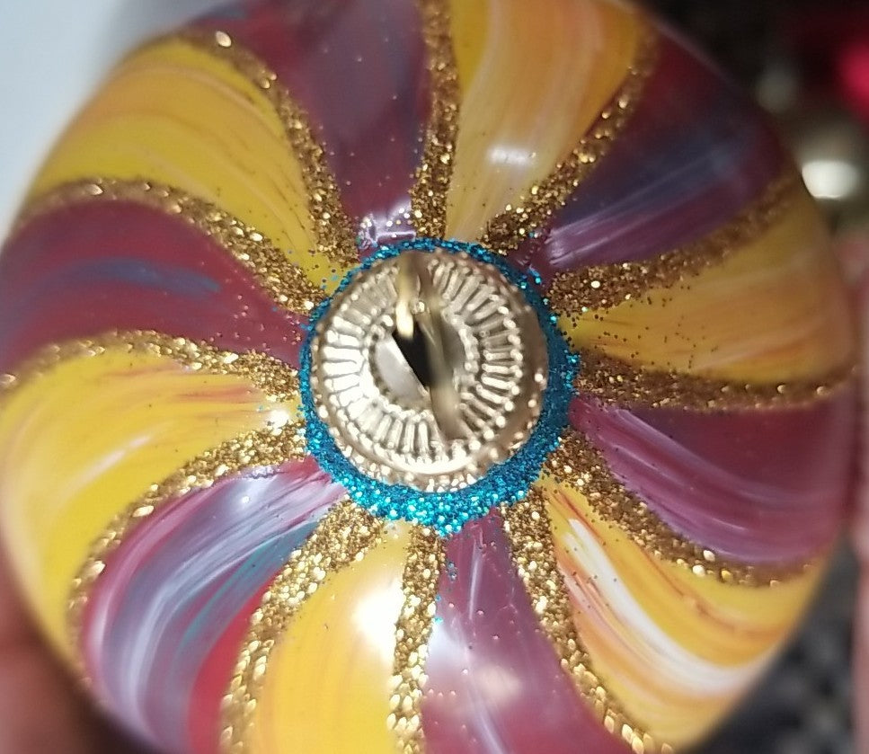 MacKenzie Childs Frank And Mustard  Striped Double Drop Glass Ornament