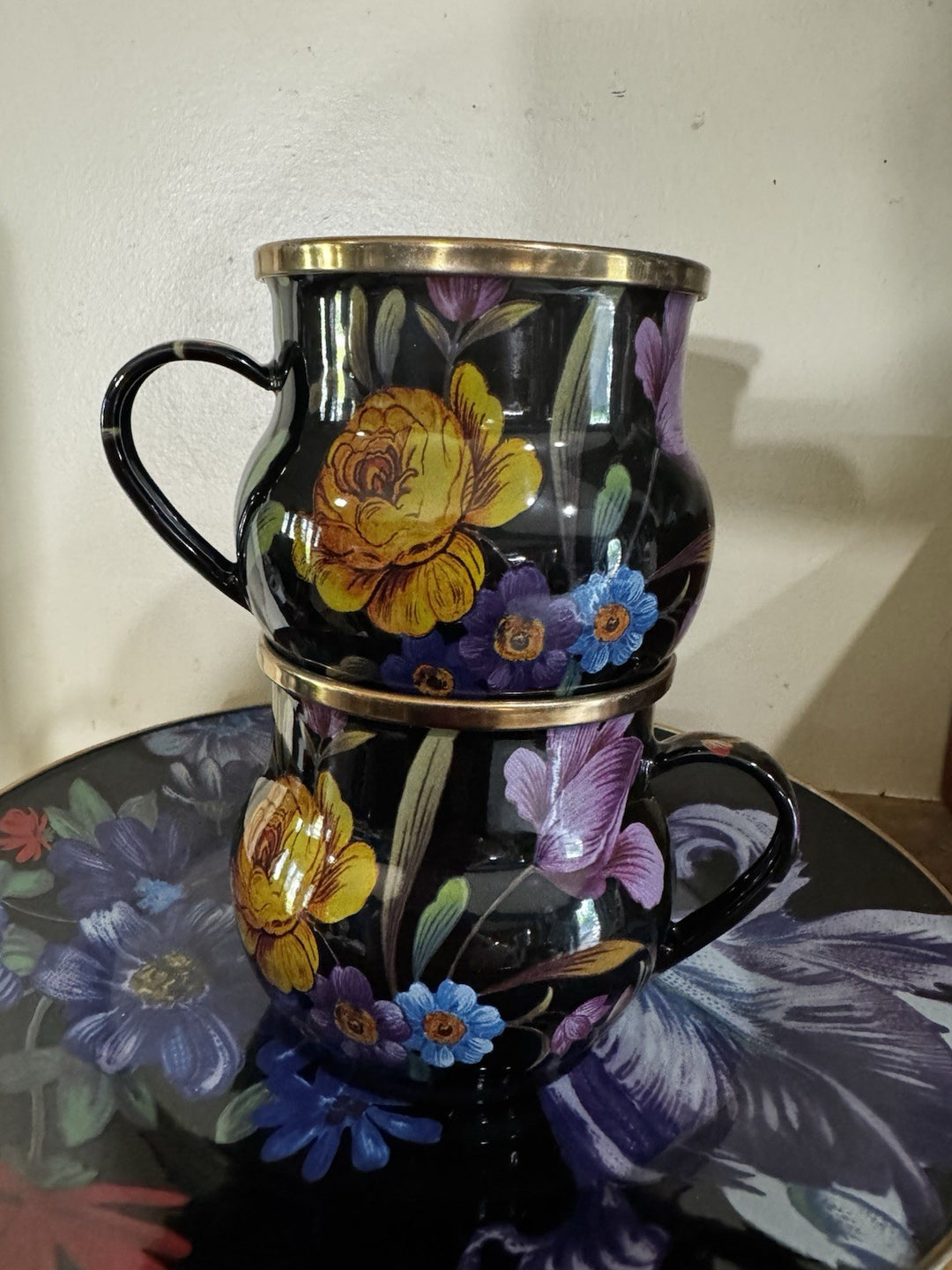Mackenzie Childs On Black  Flower Market enamel Coffee cup mug Floral One New