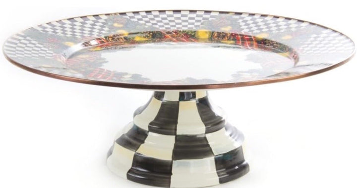 MACKENZIE CHILDS Courtly Check Evergreen Enamel Pedestal Platter - LARGE 16 Tall