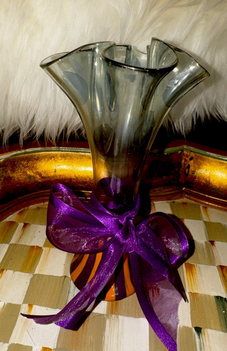 Vintage  MacKenzie Childs  6.5”Circus Fluted Art Glass Bud Vase With Ribbon EUC