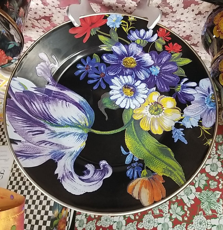 MacKenzie Childs Black Flower Market Dinner Plate 10” Enamel- New