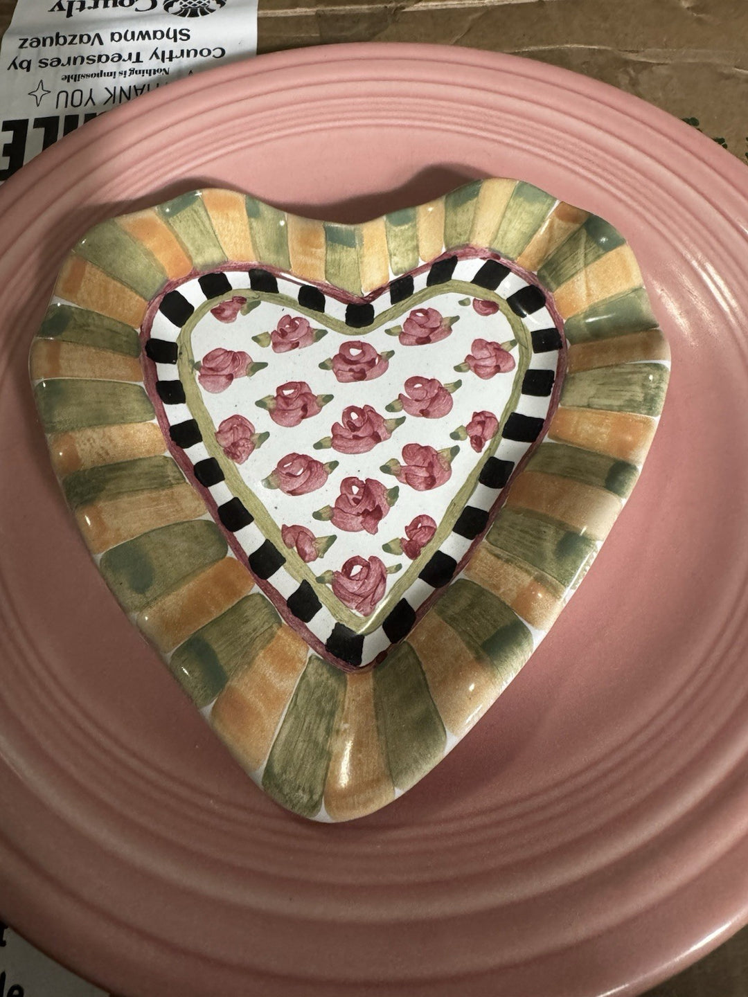 Mackenzie Childs Limited 2010 Truly MC  Fluted Heart Trinket Tray Pink Roses