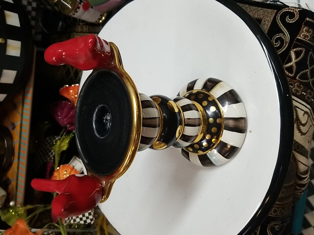 MacKenzie Childs Courtly Stripe Birds  Candlestick -new Ceramic