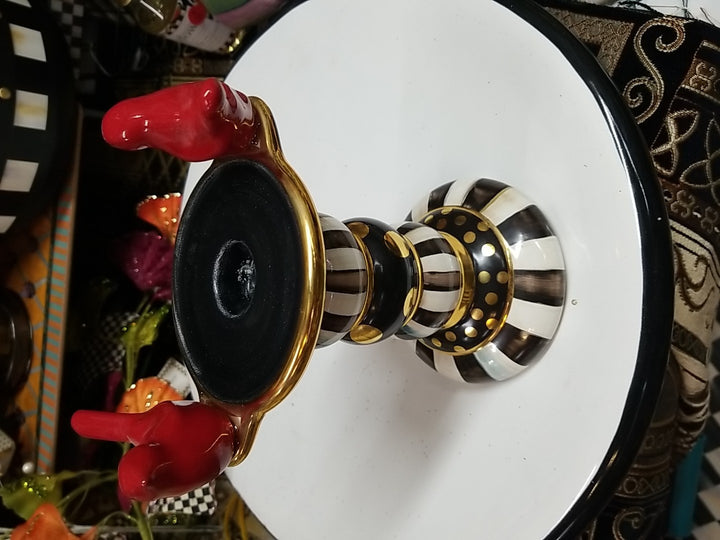 MacKenzie Childs Courtly Stripe Birds  Candlestick -new Ceramic