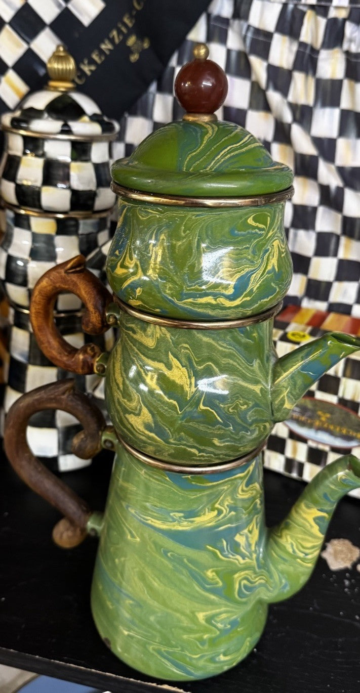MacKenzie Childs Stacking Camp Green Swirl Enamel Tea Cream & Sugar High tea Set
