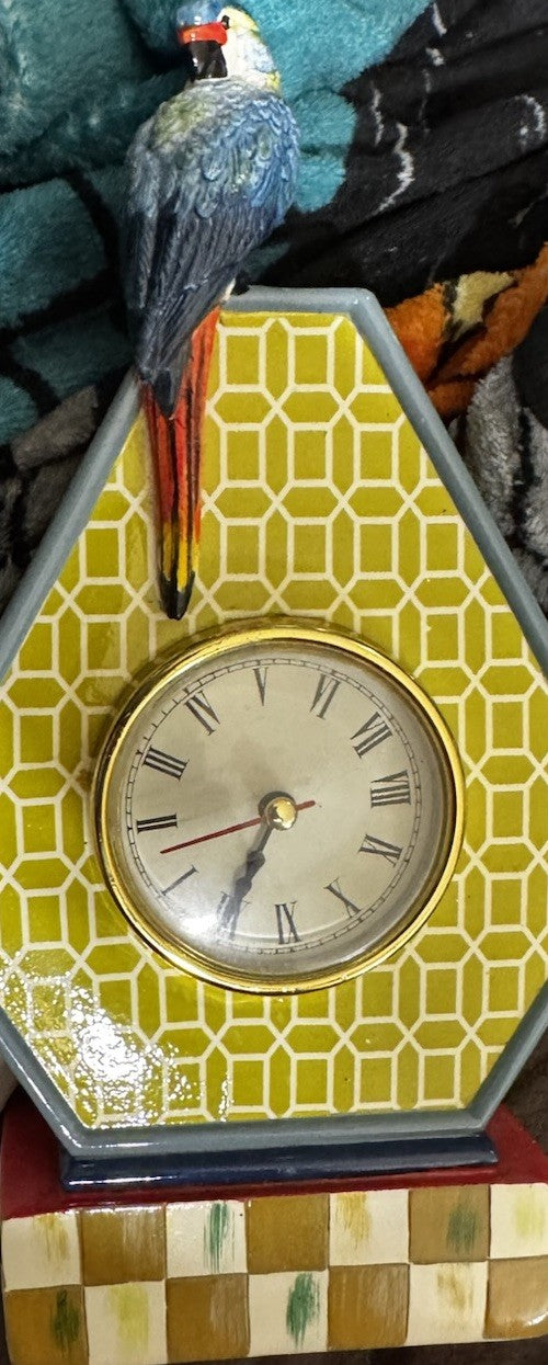 MACKENZIE-CHILDS FLEUR DE LEAF PARROT DESK CLOCK,NEW Retired