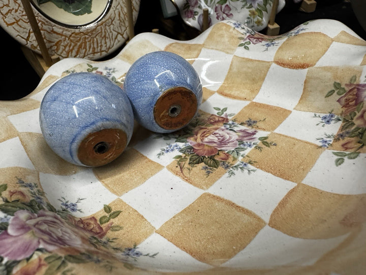 Mackenzie Childs Set Of 2 Blue Cabinet Knobs / Pulls Ceramic With Hardware