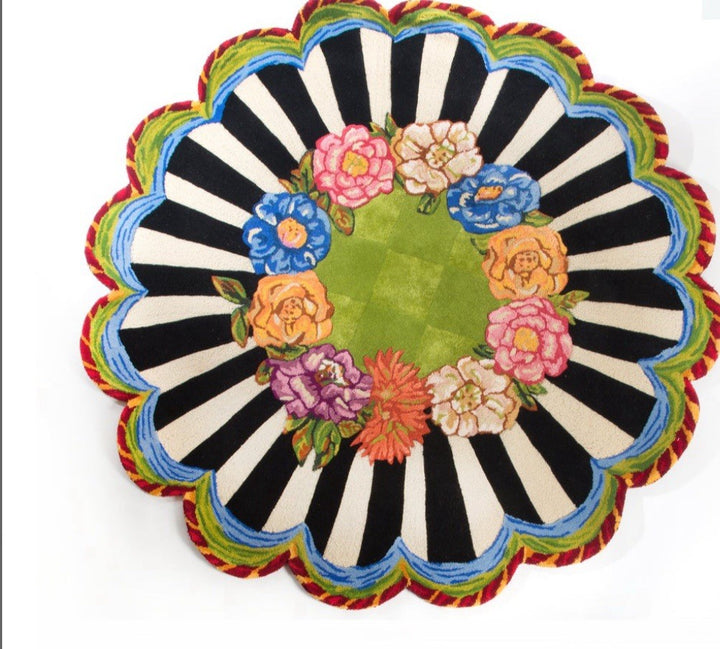 Mackenzie Childs Cutting Garden 6 Foot Scalloped Round Rug- New