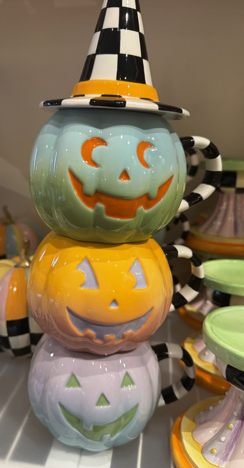 Mackenzie-Childs Trick Or TREAT Lidded Mugs Tower Set Of 3 Brand New