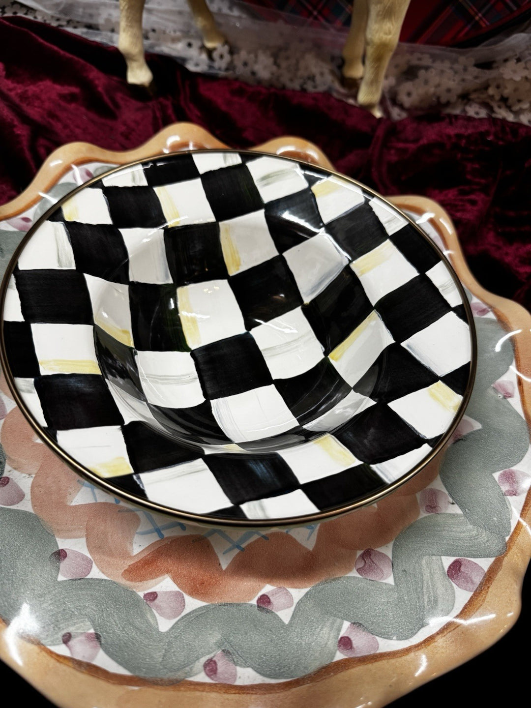 Mackenzie Childs  Set Of 2 Courtly Check Enamel Breakfast  8”  Bowl