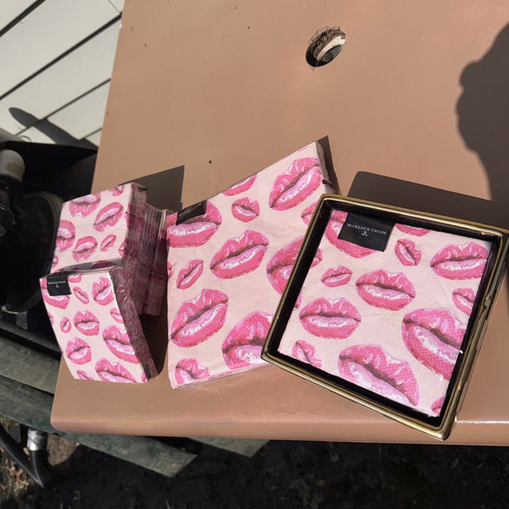 Mackenzie Childs Pink Lips Pucker Up Paper Cocktail Napkins 20 pack, Retired