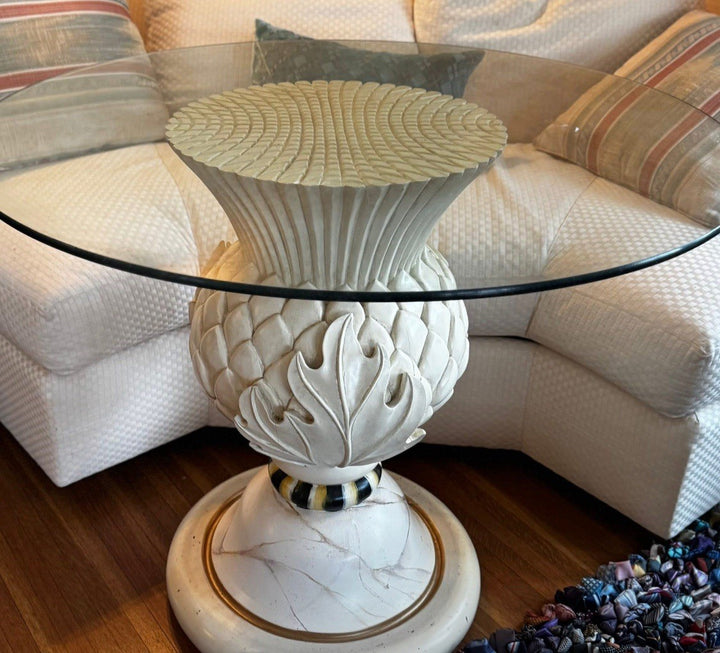 Mackenzie Childs Light Thistle Table Carved Wood With Glass Top From 2010