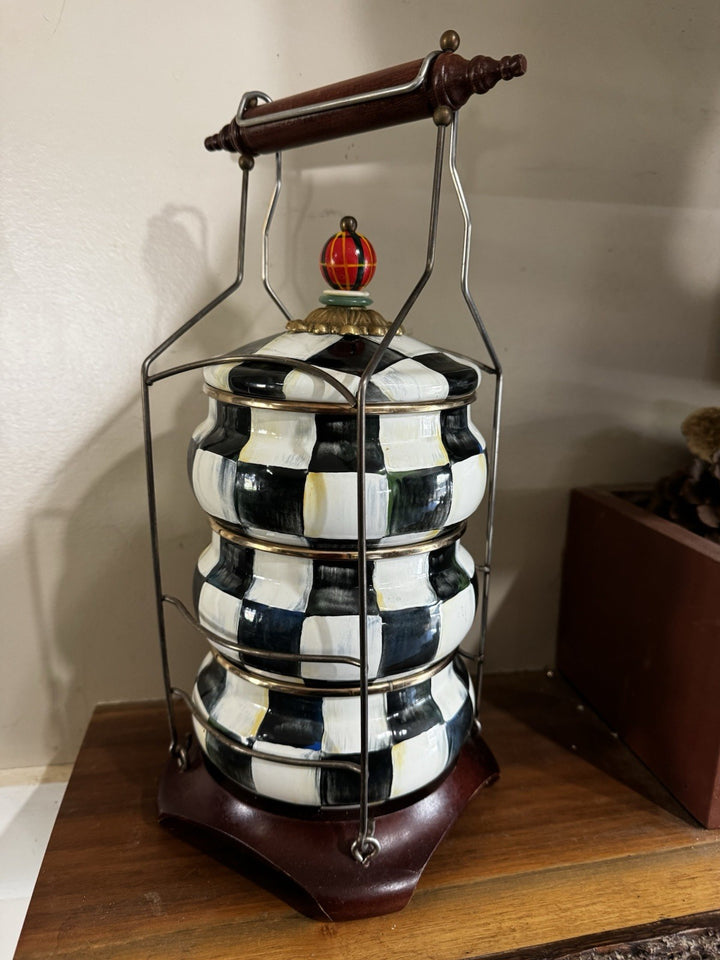 Mackenzie Childs Courtly Check Stack Squash Pot Tiffin Set 1995 Enamel
